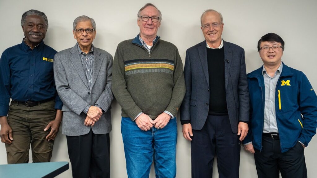 Left to right: Professional colleagues Herbert Winful, Pallab Bhattacharya, Stephen Forrest, John Bowers, and Di Liang. Photo: Jero Lopera