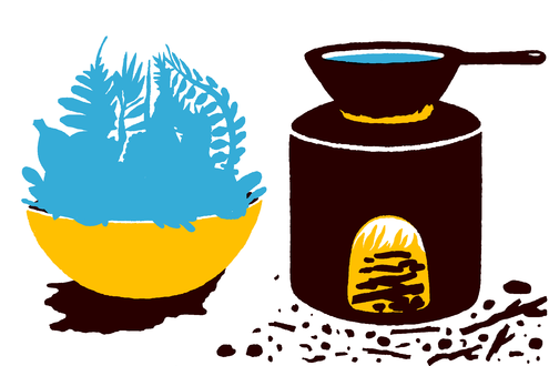 potted plant and woodfired stove illustration