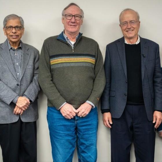 Left to right: Professional colleagues Herbert Winful, Pallab Bhattacharya, Stephen Forrest, John Bowers, and Di Liang. Photo: Jero Lopera