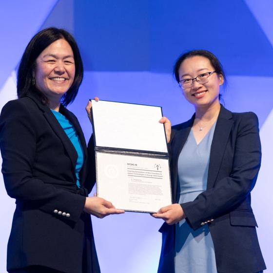 Yangying Zhu (right), assistant professor in the UCSB Mechanical Engineering Department, receives her award certificate from ARPA-E Program Director Dr. Evelyn Wang at the National Academy of Sciences, in Washington, D.C.
