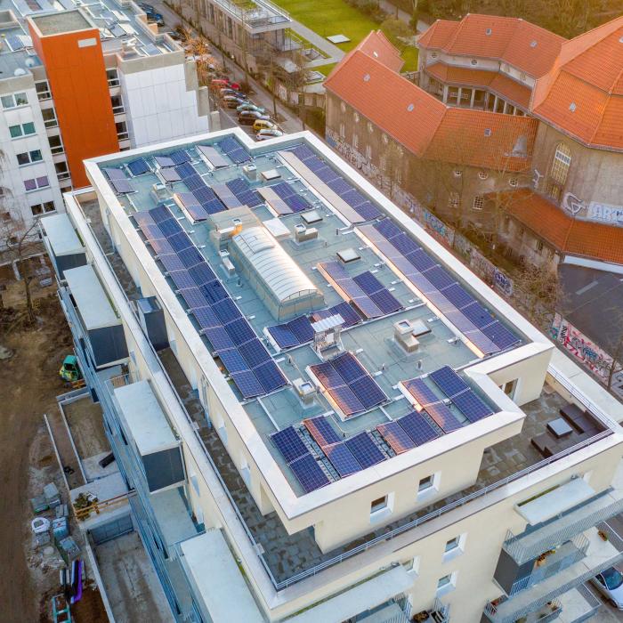 building with solar panels
